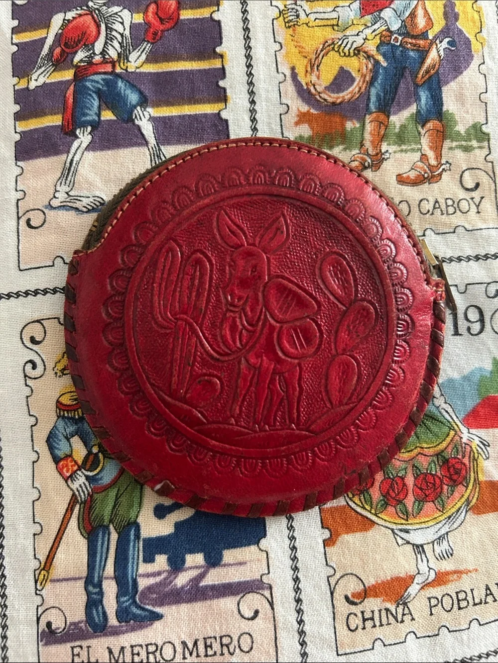 Handcrafted Red Mexican Leather Coin Purse-Vintage circa 1950